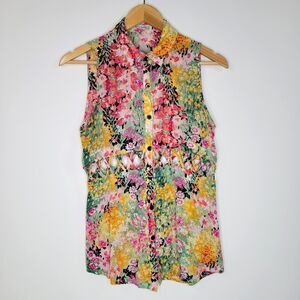Vintage LUCCA COUTURE Floral Blouse Size S Crepe Collar Cutout Colorful Spring